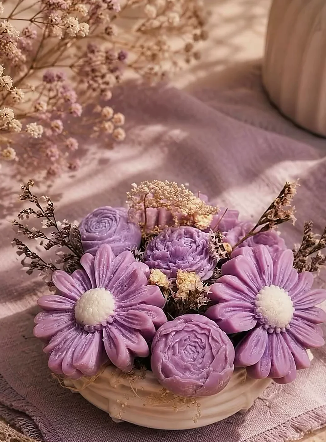 Bouquet de flores de cera lilas en maceta de yeso